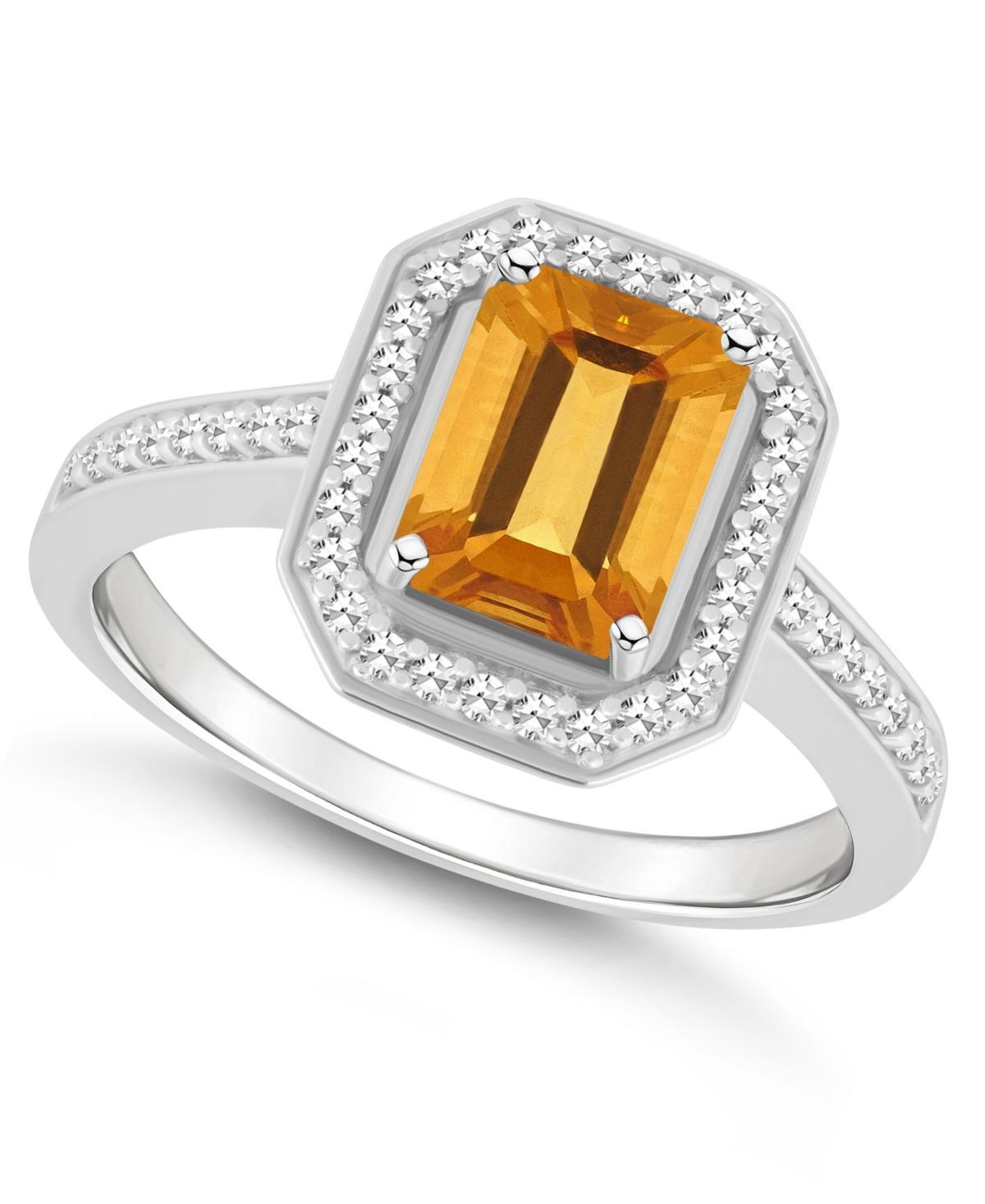 Celebration Gems Sterling Silver 8 mm x 6 mm Emerald Cut Gemstone & 1/5 Carat T.W. Diamond Halo Ring, Womens, Citrine Product Image