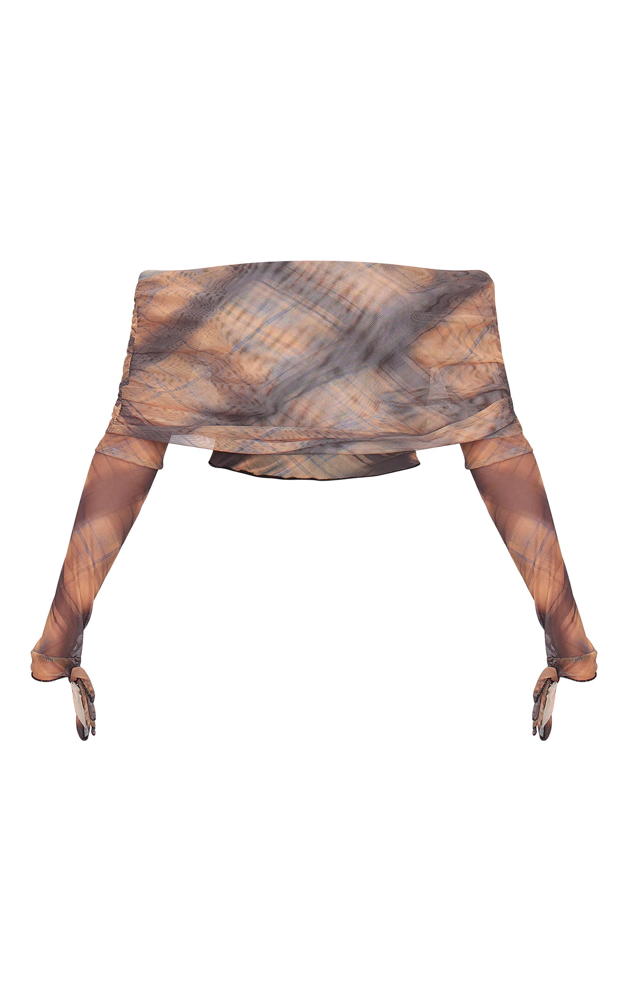 Brown Check Mesh Ultra Long Drape Sleeve Crop Top Product Image