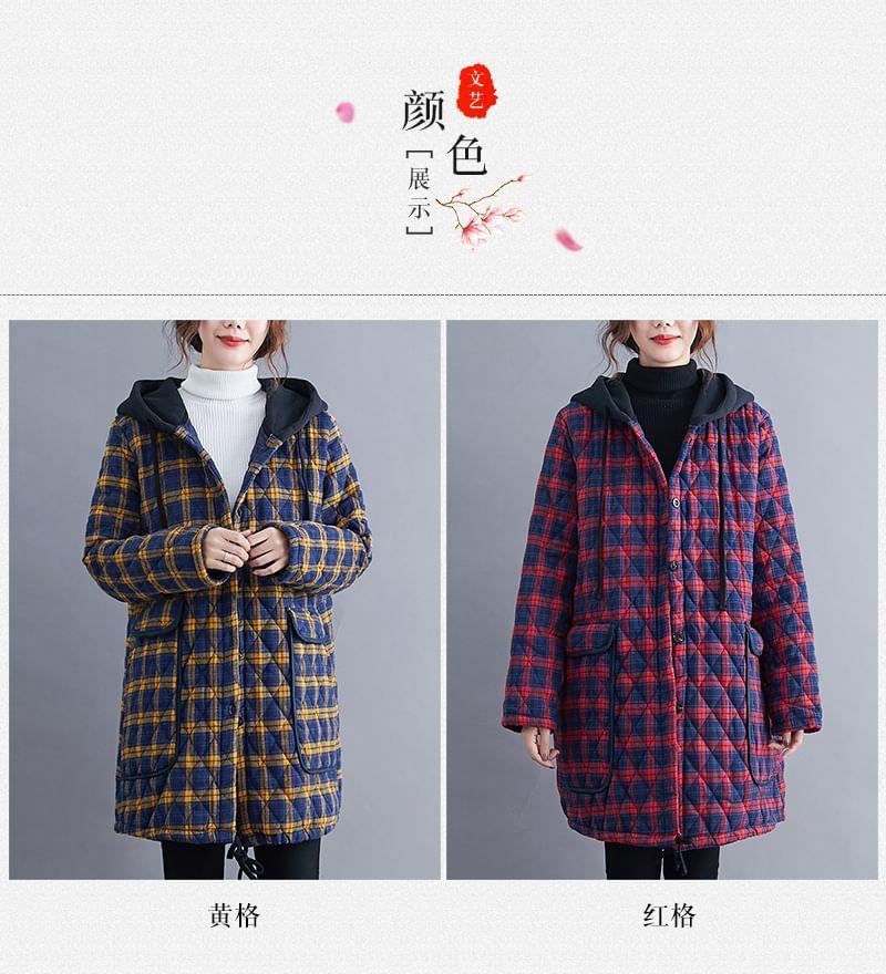 Hooded Button-Up Plaid Long Padded Coat product image