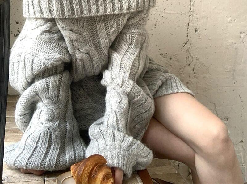 Off-Shoulder Plain Cable-Knit Oversized Sweater Product Image