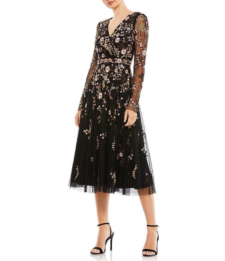 Mac Duggal Floral Print Embroidered Long Sleeve Surplice V-Neck A-Line Midi Dress Product Image