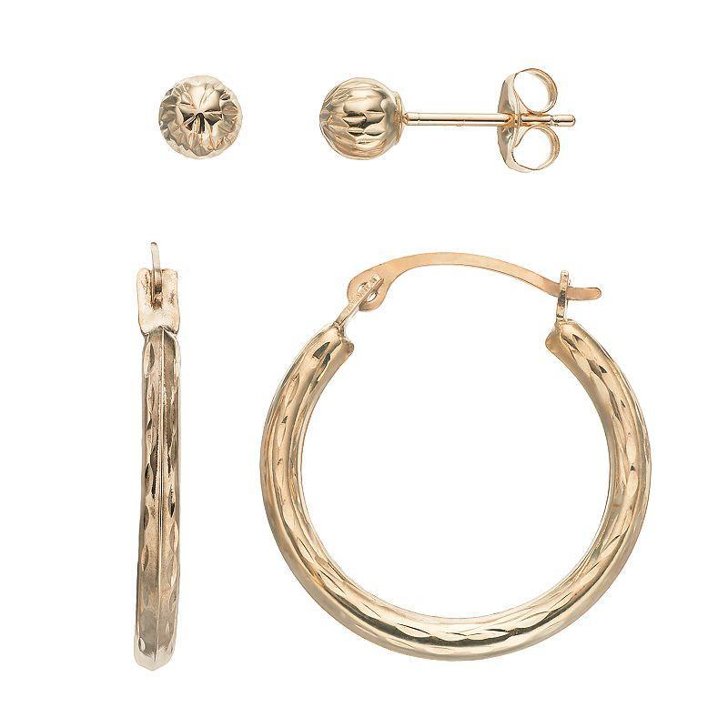 Forever 14K Textured Hoop & Ball Stud Earring Set, Womens, 14k Gold Product Image