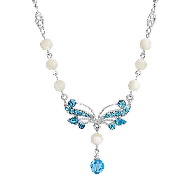 1928 Silver Tone Aqua and Simulated Oval Pearl Necklace, Womens, White Product Image