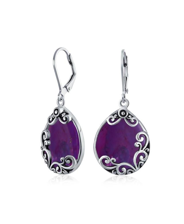 Western Style Teardrop Scroll Filigree Scroll Stabilized Purple Turquoise Lever Back Dangle Earrings For Women .925 Sterling Silver Product Image