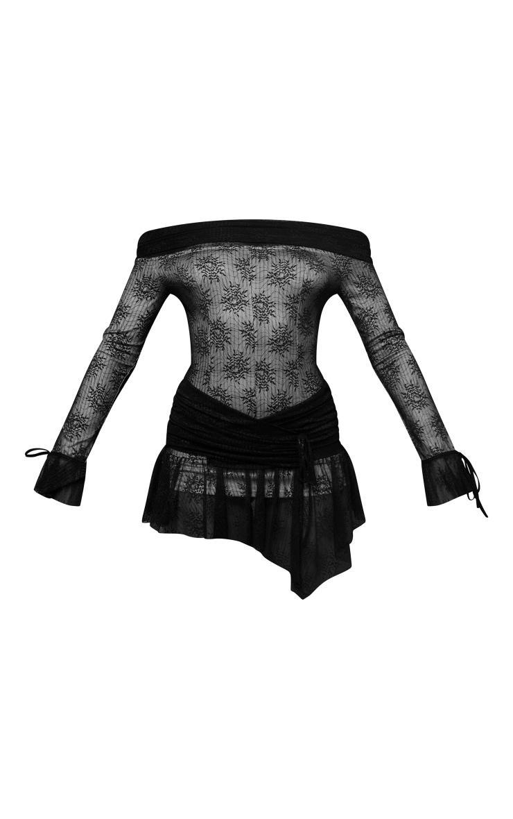 Black Lace Bardot Drape Detail Mini Dress Product Image