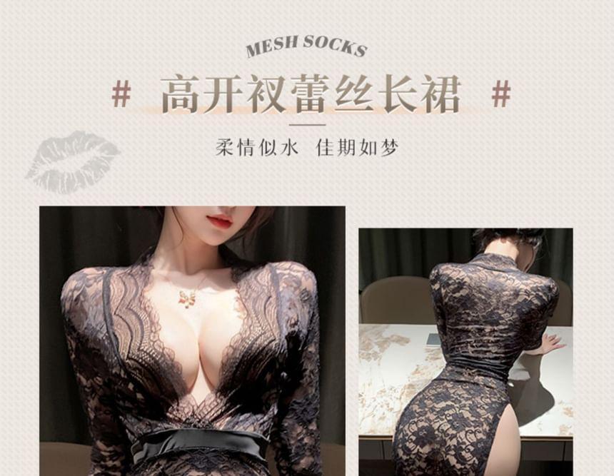 Elbow-Sleeve V-Neck Lace Slit Midi Night Dress / G-String / Stockings / Set Product Image