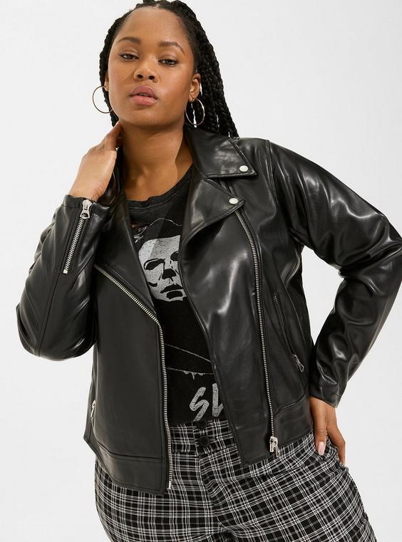 Faux Leather Asymmetrical Moto Jacket Product Image