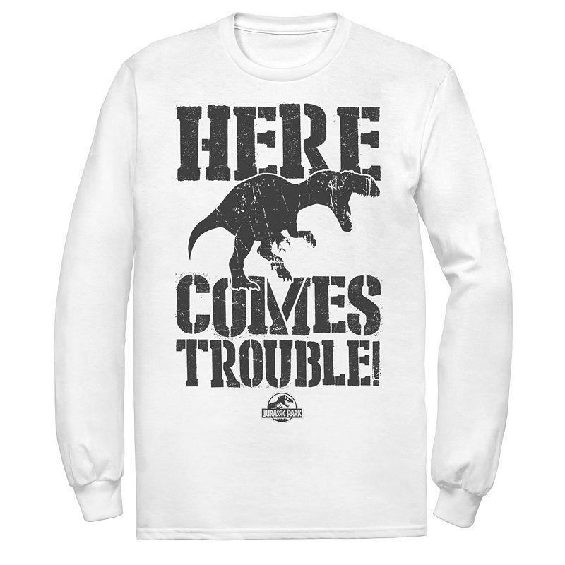 Mens Jurassic Park Here Comes Trouble Long Sleeve Graphic Tee White Product Image