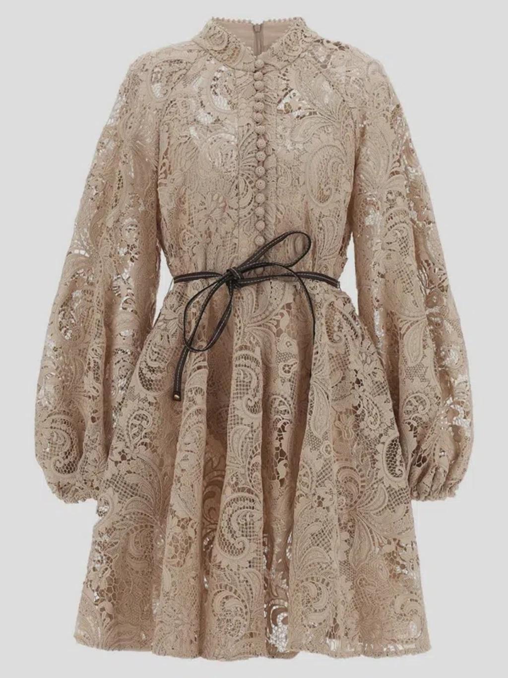 ZIMMERMANN Waverly Lace Belted Mini Dress In Taupe Product Image