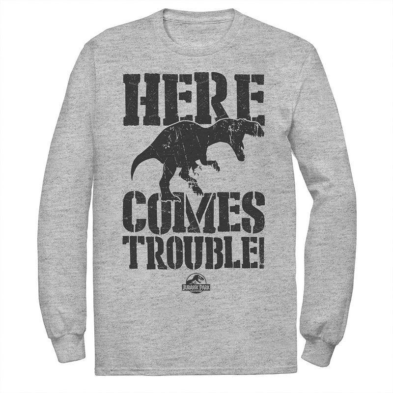 Mens Jurassic Park Here Comes Trouble Long Sleeve Graphic Tee White Product Image