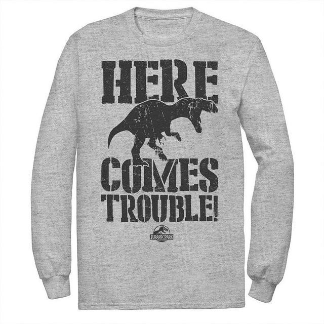 Mens Jurassic Park Here Comes Trouble Long Sleeve Graphic Tee Athletic Grey Product Image