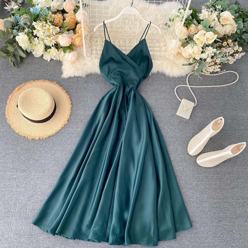 Spaghetti Strap Silky Midi A-Line Dress Product Image