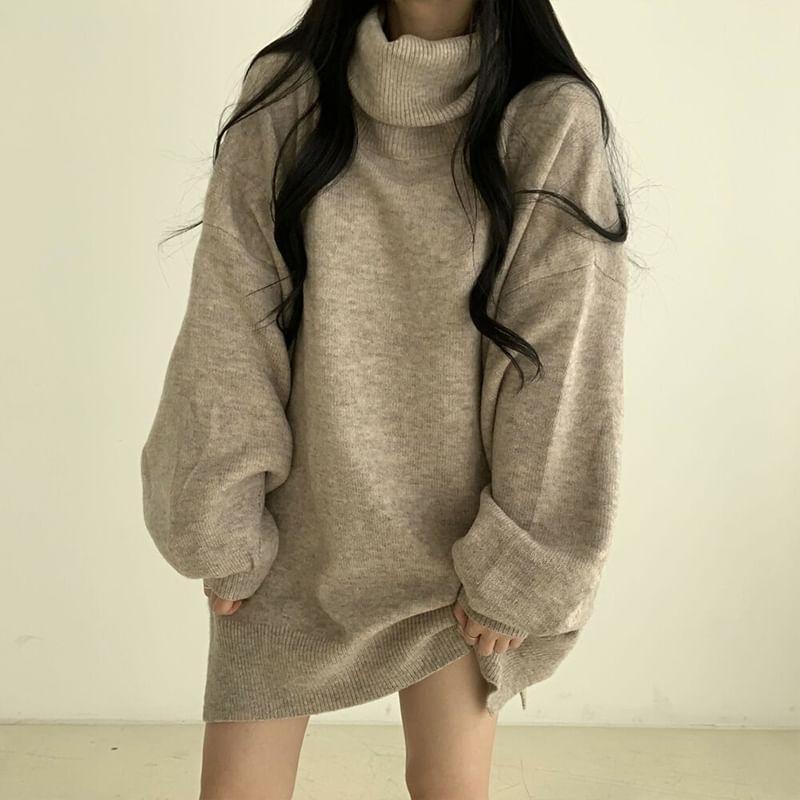 Turtleneck Plain Oversized Sweater Product Image