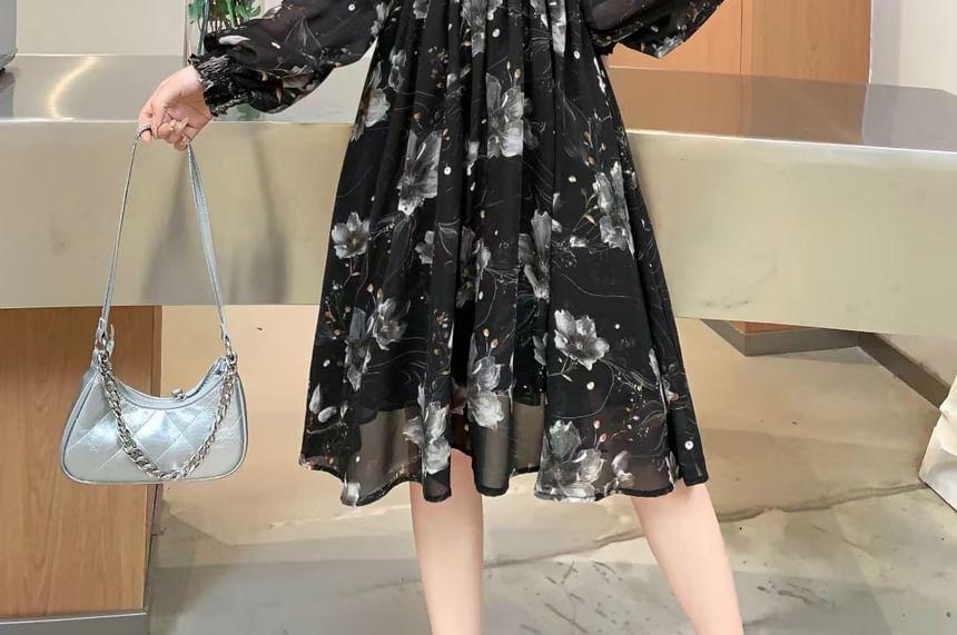 Puff-Sleeve Floral A-Line Dress Product Image