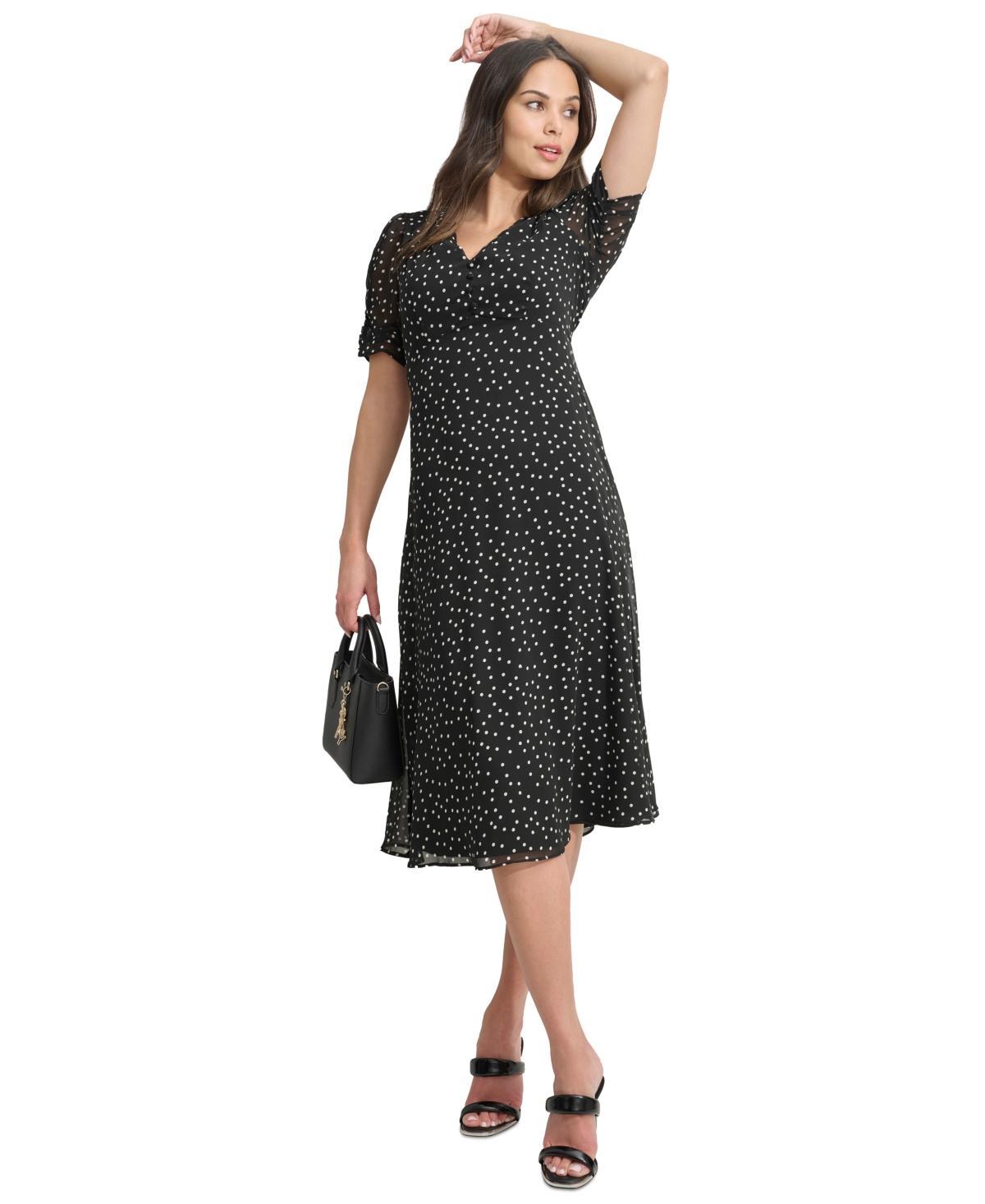 Dkny Womens Polka-Dot V-Neck Button-Trim Midi Dress - Black product image