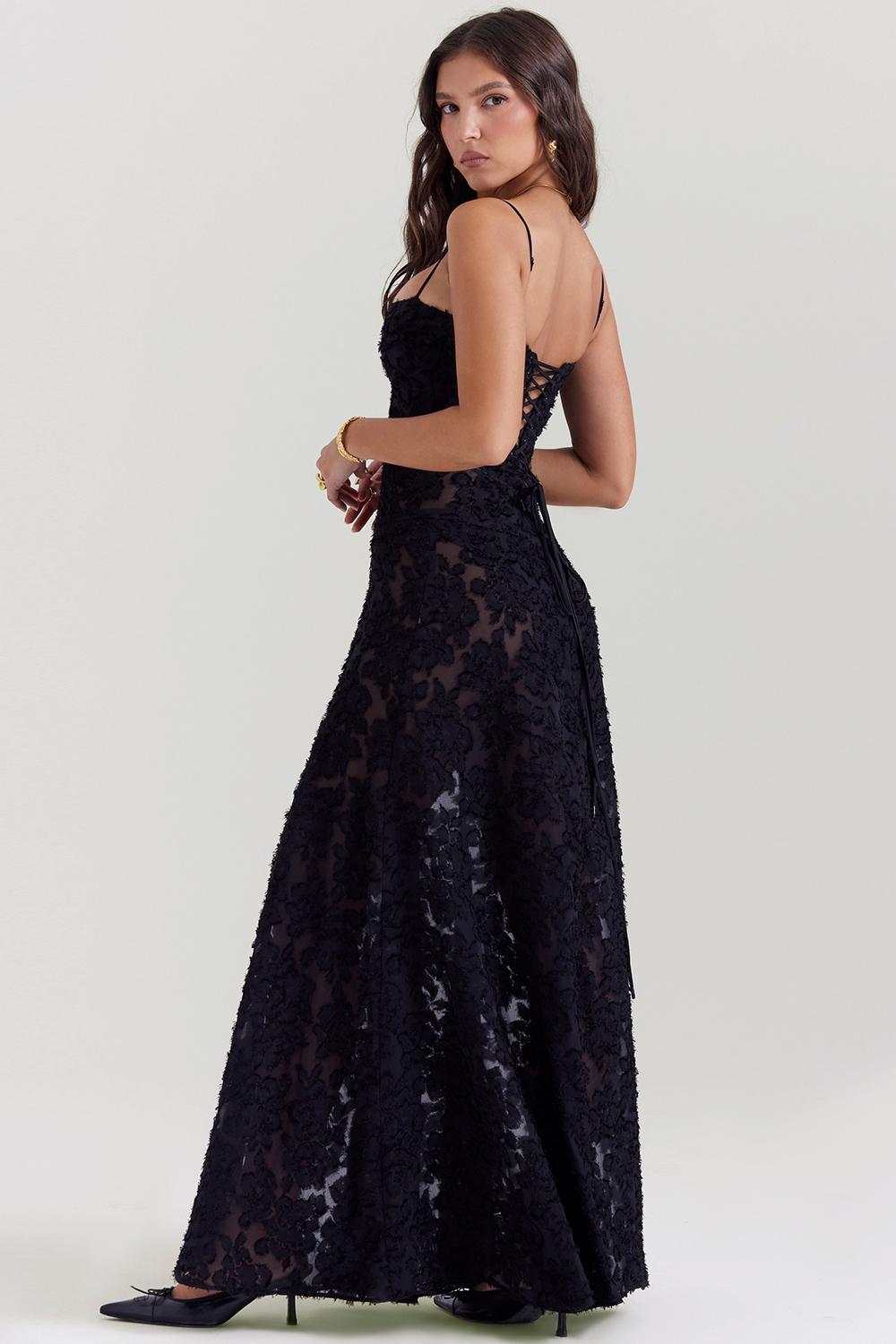 Seren Black Floral Lace Back Maxi Dress Product Image