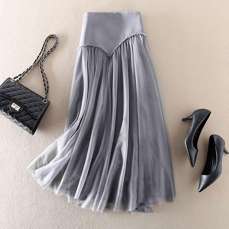 High Waist Plain Gathered Panel Mesh Maxi A-Line Skirt Product Image