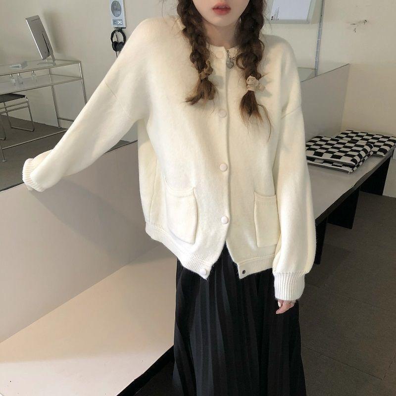 Round Neck Plain Buttoned Cardigan Product Image