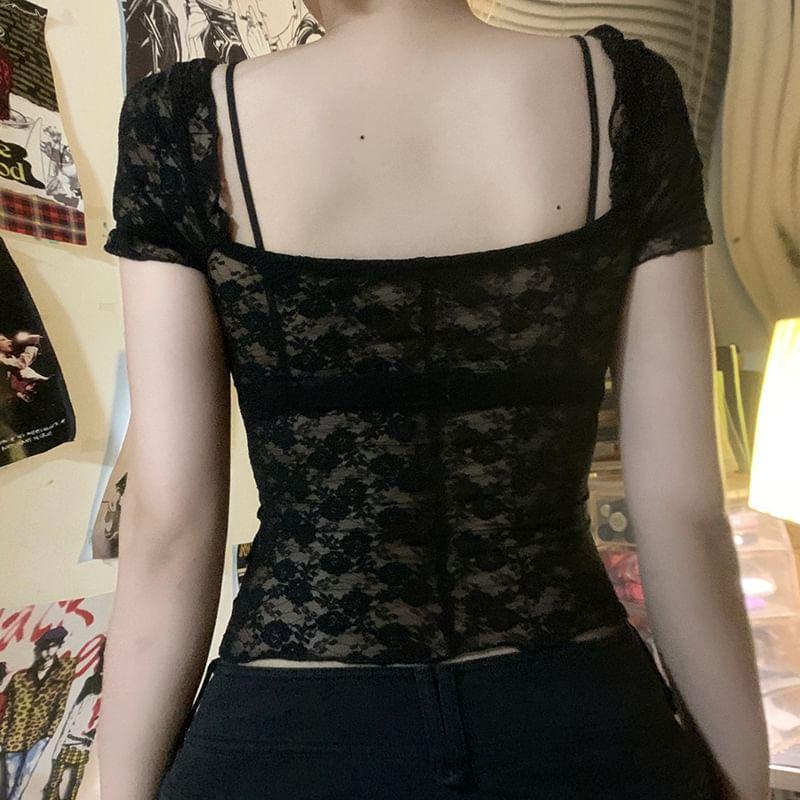 Short Sleeve Lace Trim See-Through V-Neck Crop Top Product Image