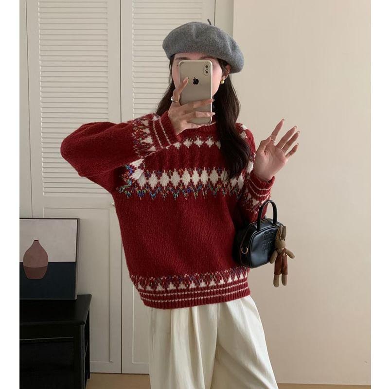 Crew Neck Patterned Sweater Product Image