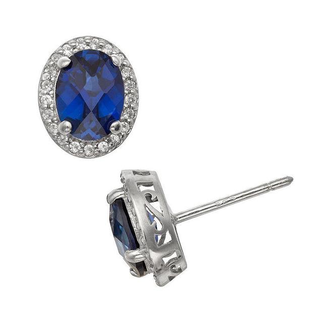 Designs by Gioelli Sterling Silver Lab-Created Sapphire and Lab-Created White Sapphire Halo Stud Earrings, Womens, Blue Product Image