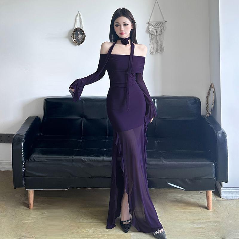 Set: Long-Sleeve Off-Shoulder Plain Slit Ruffle Trim Mesh Panel Maxi Sheath Dress + Flower Choker Product Image