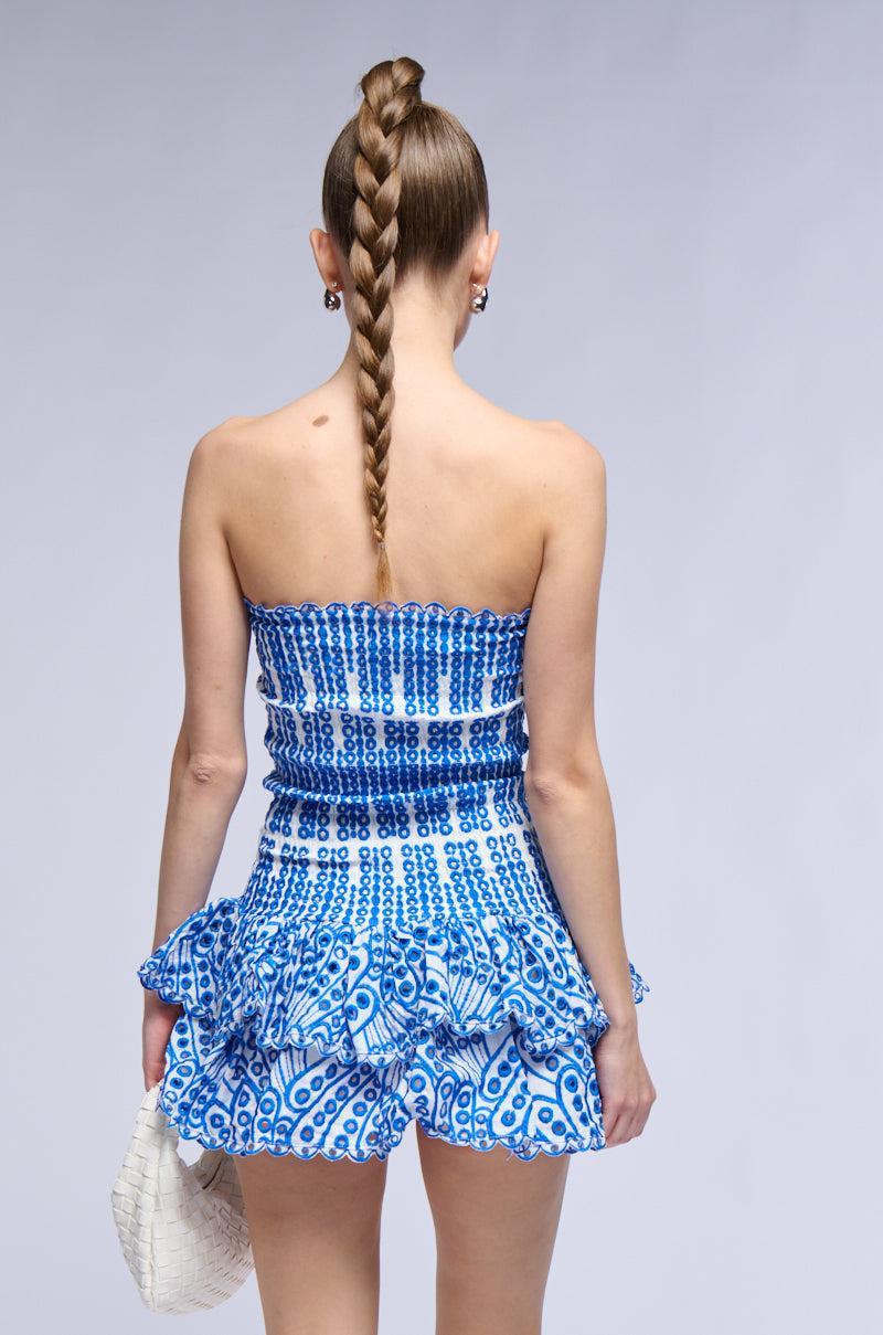 SUMMER OF LOVE SMOCKED EYELET STRAPLESS MINI DRESS Product Image