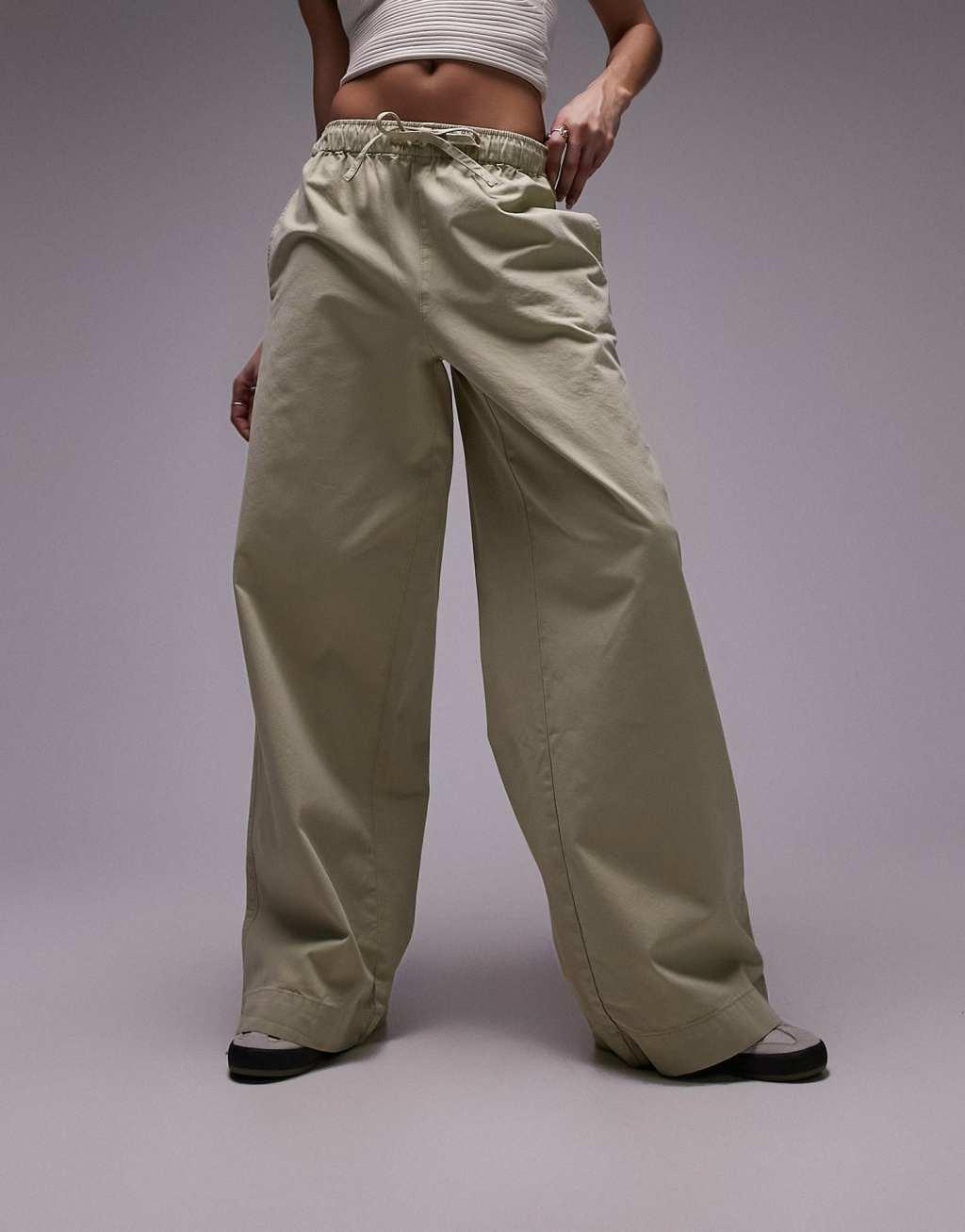 Topshop casual draw cord waist straight leg pants in stone Product Image