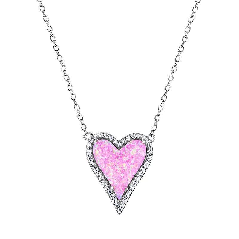 Sterling Silver Lab-Created Pink Opal Heart Necklace, Womens Product Image