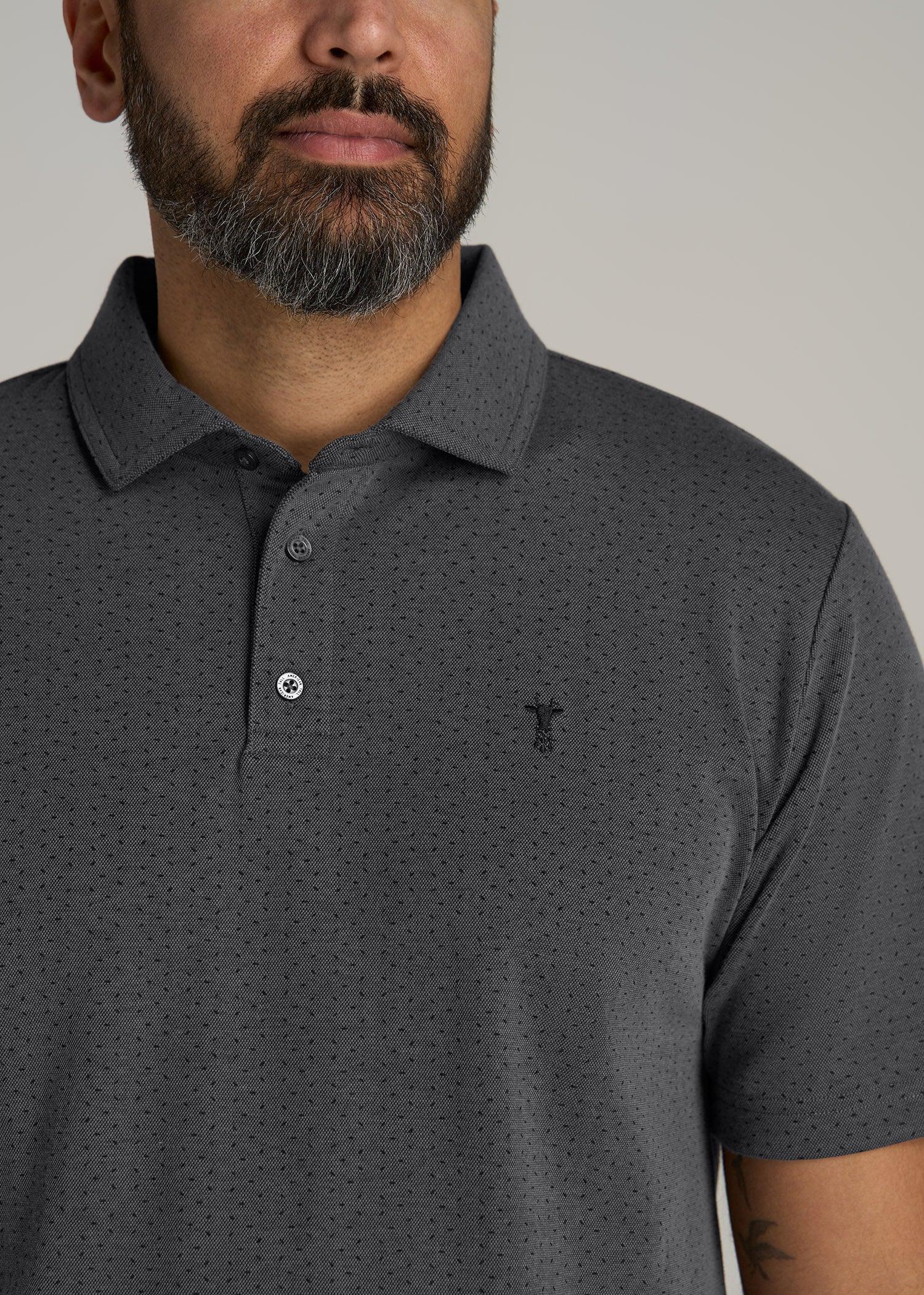 Cotton Stretch Print Polo Shirt for Tall Men in Charcoal Pindot Product Image