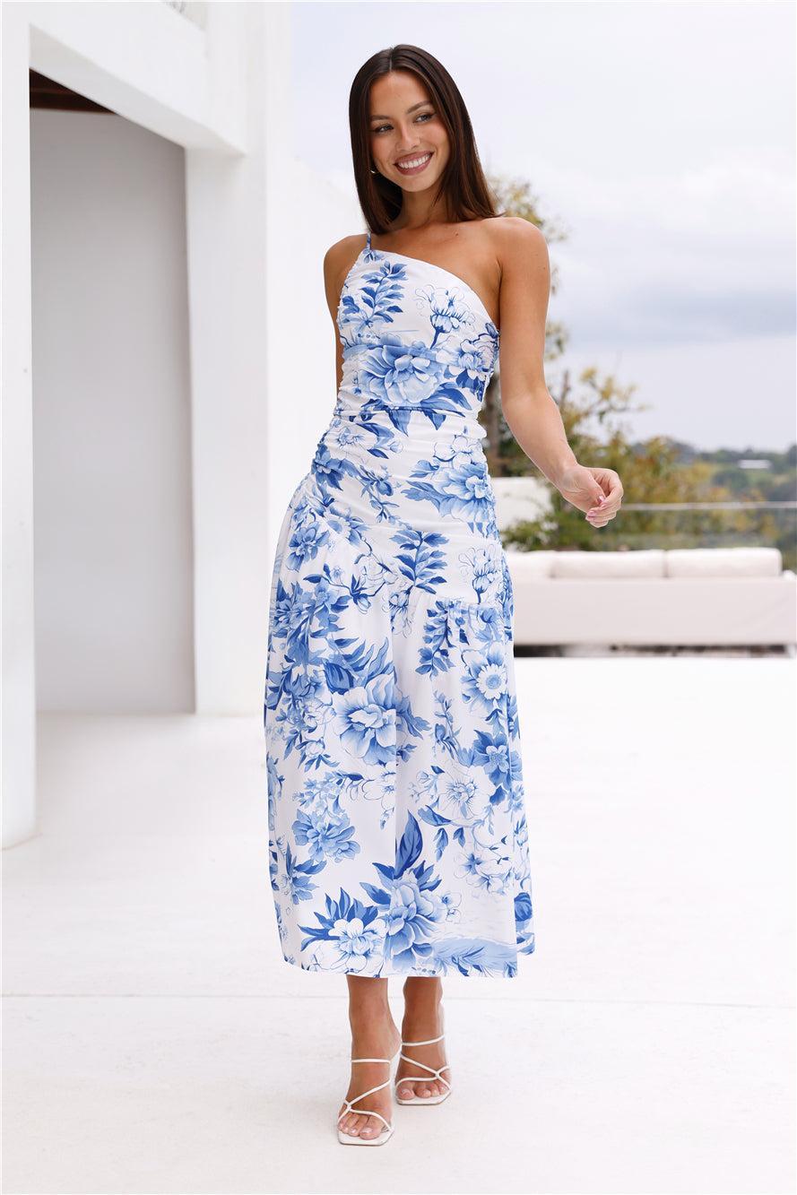 Fleur Enchantée One Shoulder Midi Dress Blue Product Image