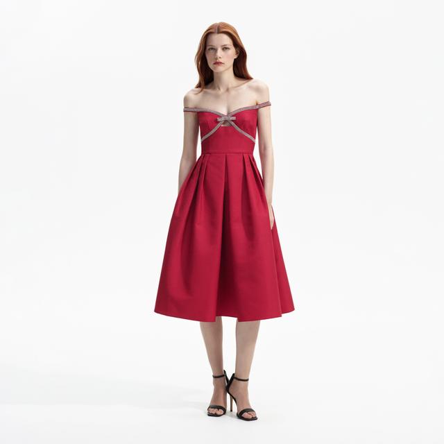 Red Textured Diamante Midi Dress Product Image