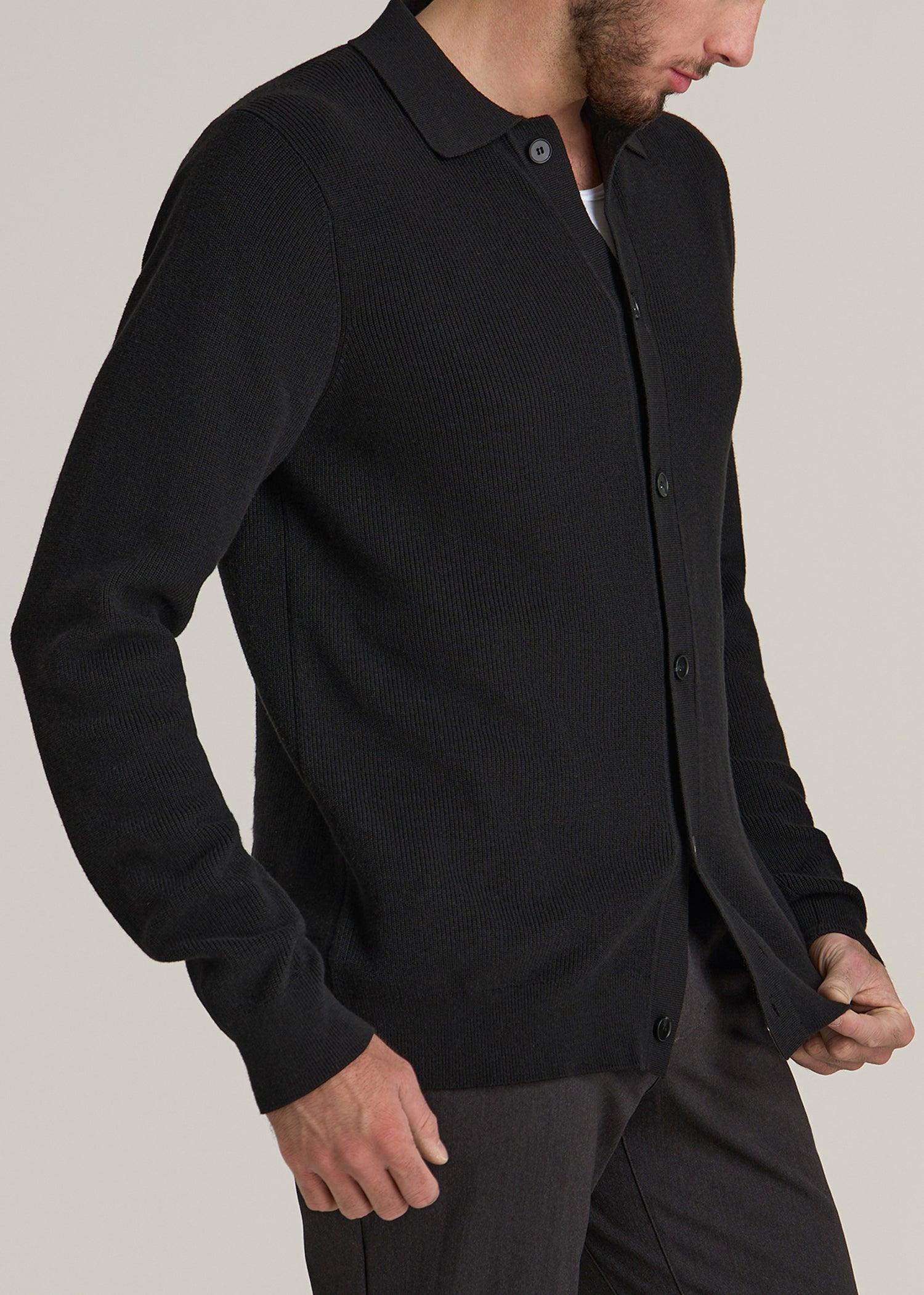 Sweater Polo Cardigan for Tall Men in Black Product Image