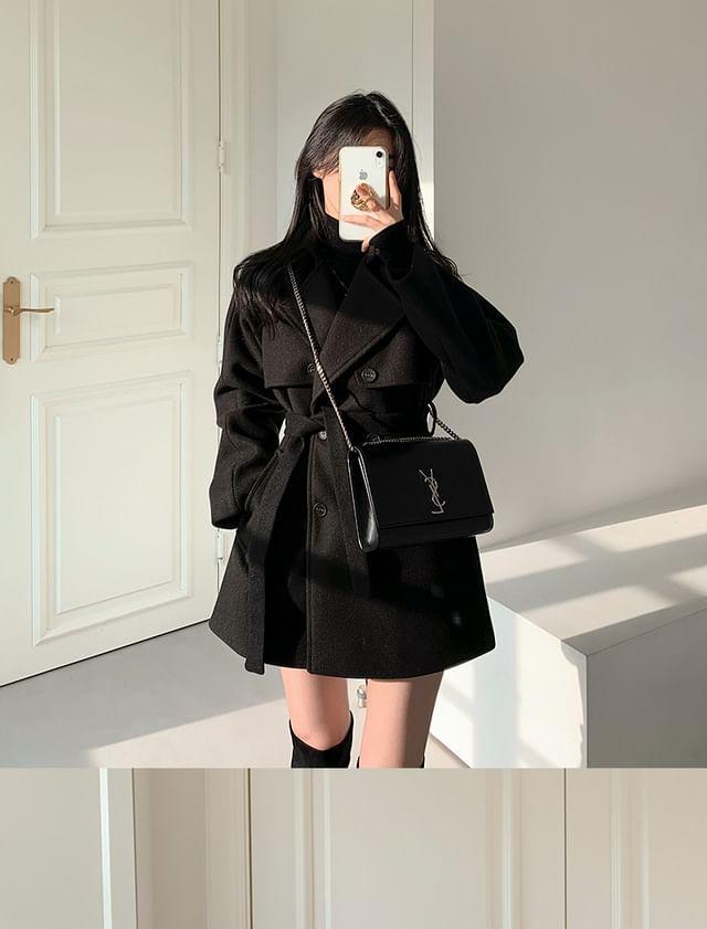 Long Sleeve Lapel Double-Breasted Belted Woolen Blend Coat Product Image