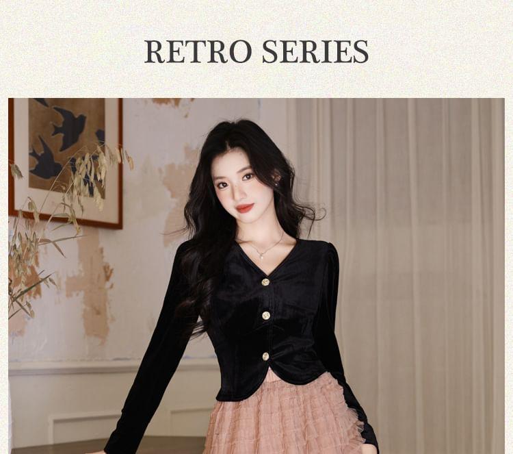 Long-Sleeve V-Neck Plain Button-Up Velvet Crop Blouse / High Waist Tiered Mesh Maxi A-Line Skirt / Set Product Image