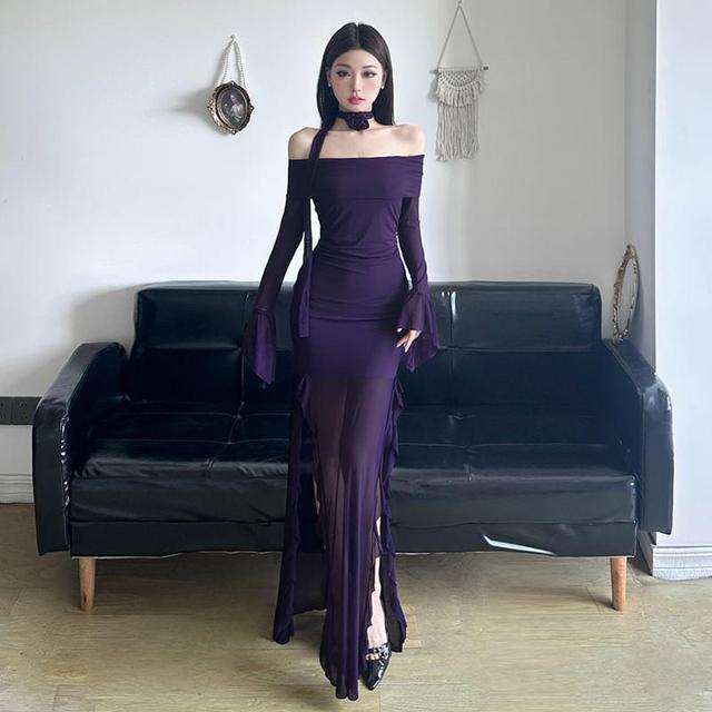 Set: Long-Sleeve Off-Shoulder Plain Slit Ruffle Trim Mesh Panel Maxi Sheath Dress + Flower Choker Product Image