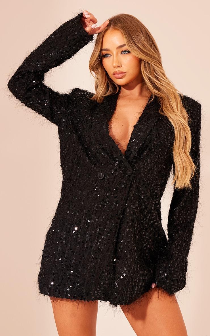 Black Sequin Oversized Button Up Blazer Dress Product Image