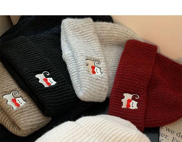 Cat Embroidered Knit Beanie Product Image