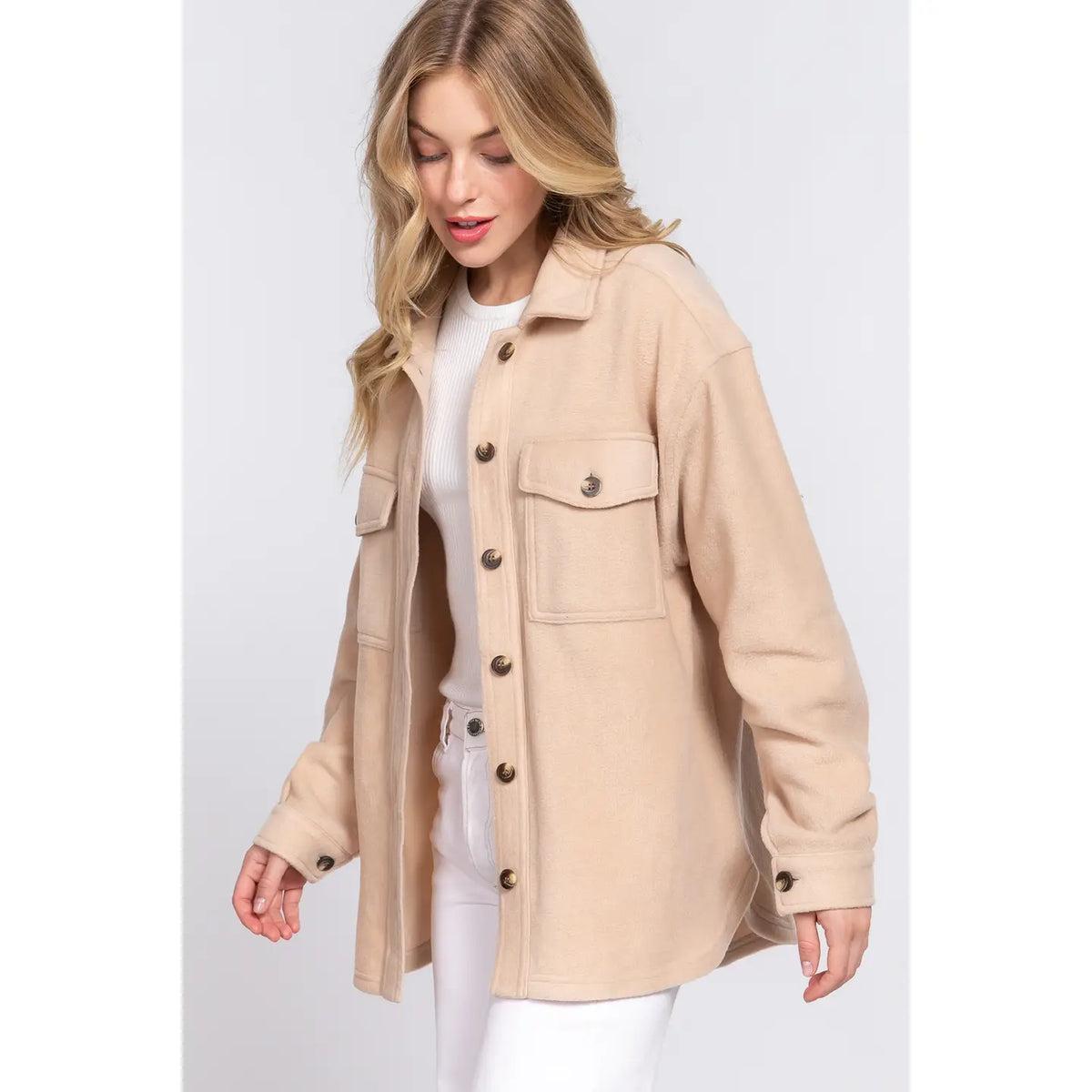 Beige Long Sleeve Notched Collar Front Pocket Fleece Jacket Female Product Image