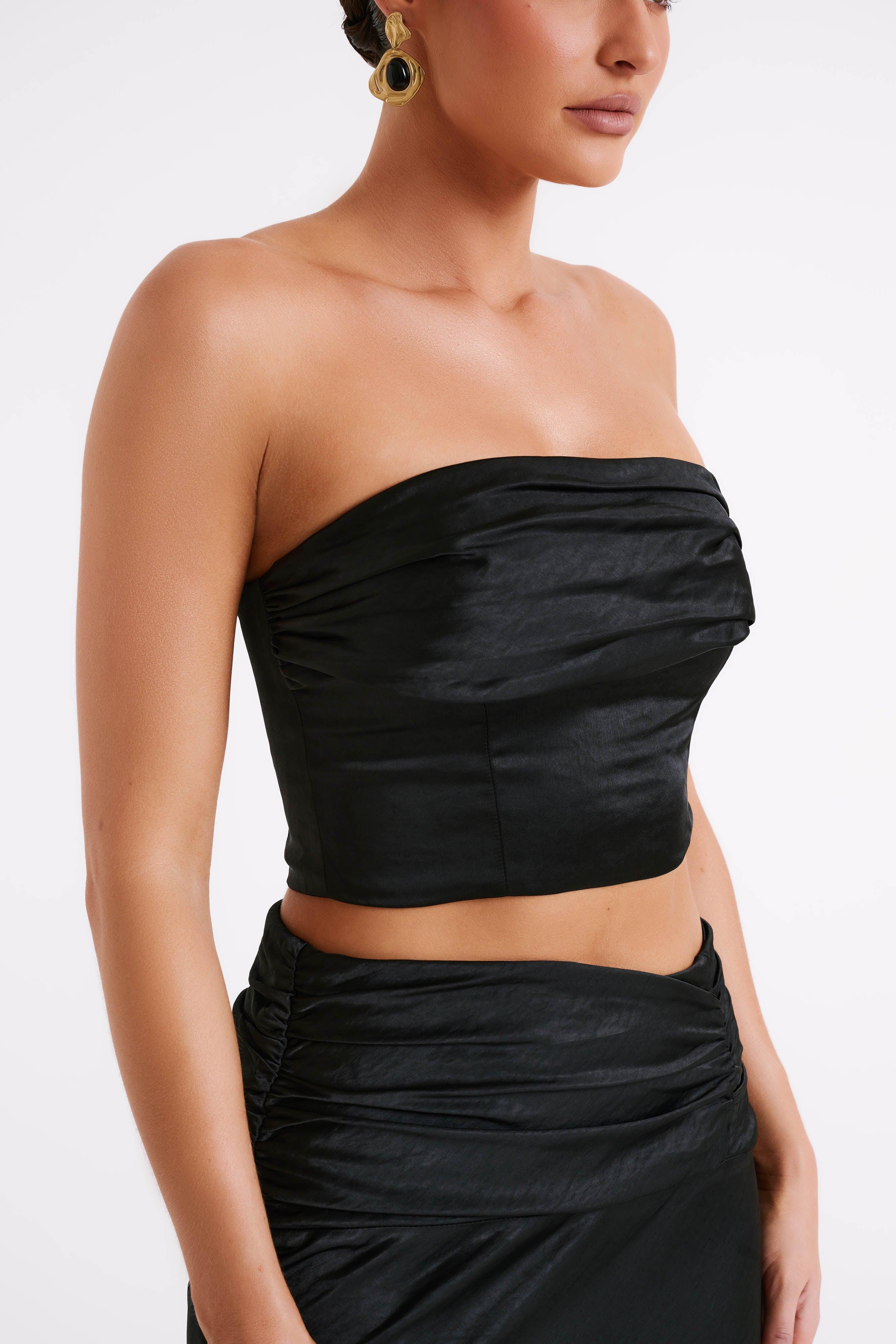 Khalani Ruched Strapless Satin Top - Black Product Image