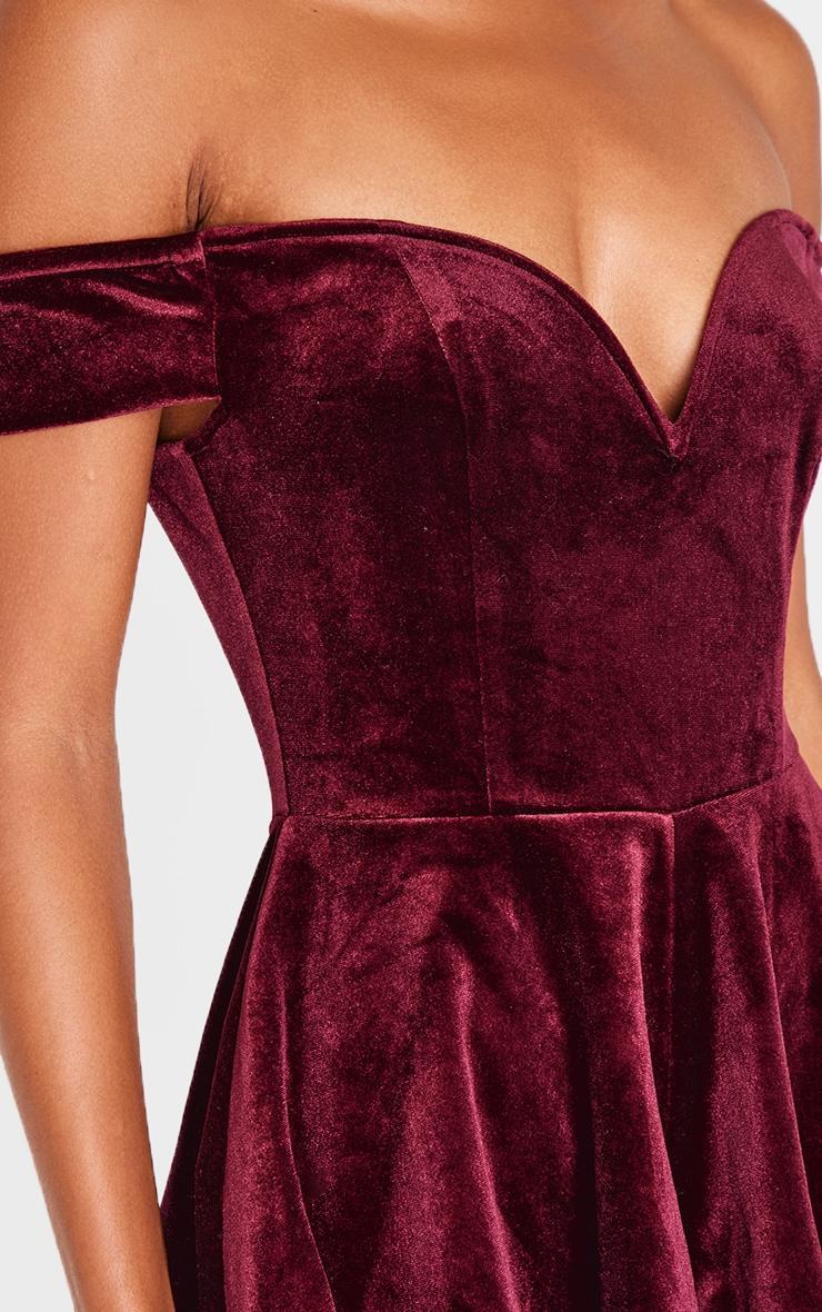 Burgundy Velvet Bardot Sweetheart Neckline Floaty Romper Product Image