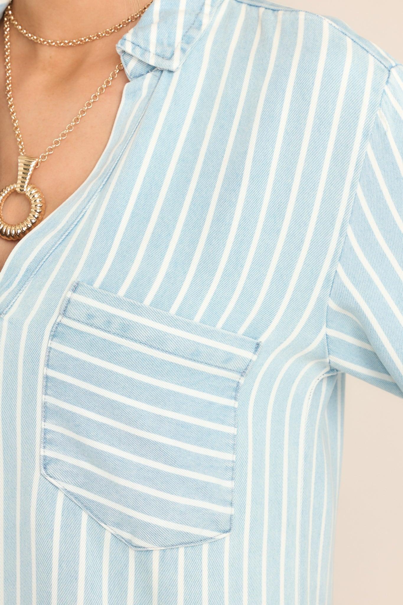 Hurrying Along Chambray Striped Shirt Dress Light Blue Product Image