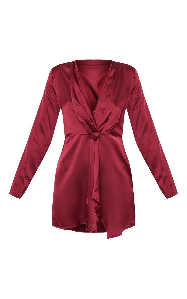 Burgundy Satin Long Sleeve Wrap Dress Product Image