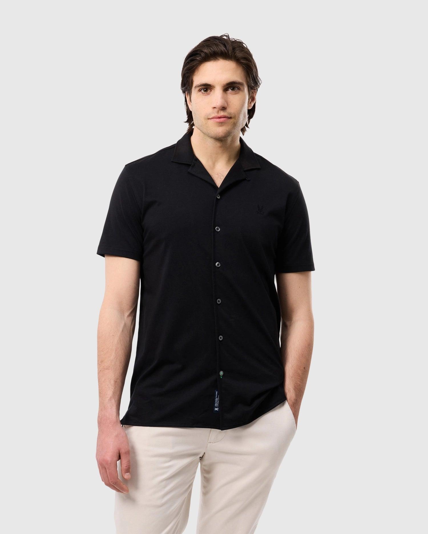 Psycho Bunny Men's Keller Camp Collar Short Sleeve Shirt 001 BLACK Product Image