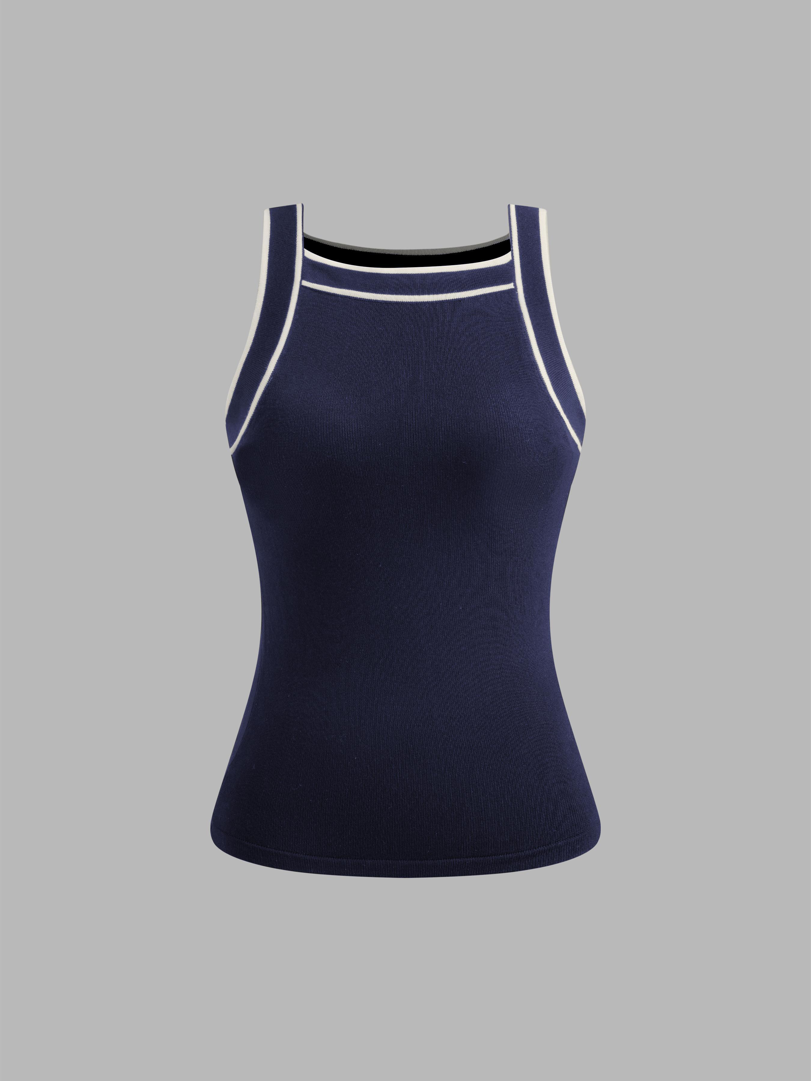 Knit Boat Neck Solid Contrasting Binding Tank Top Product Image