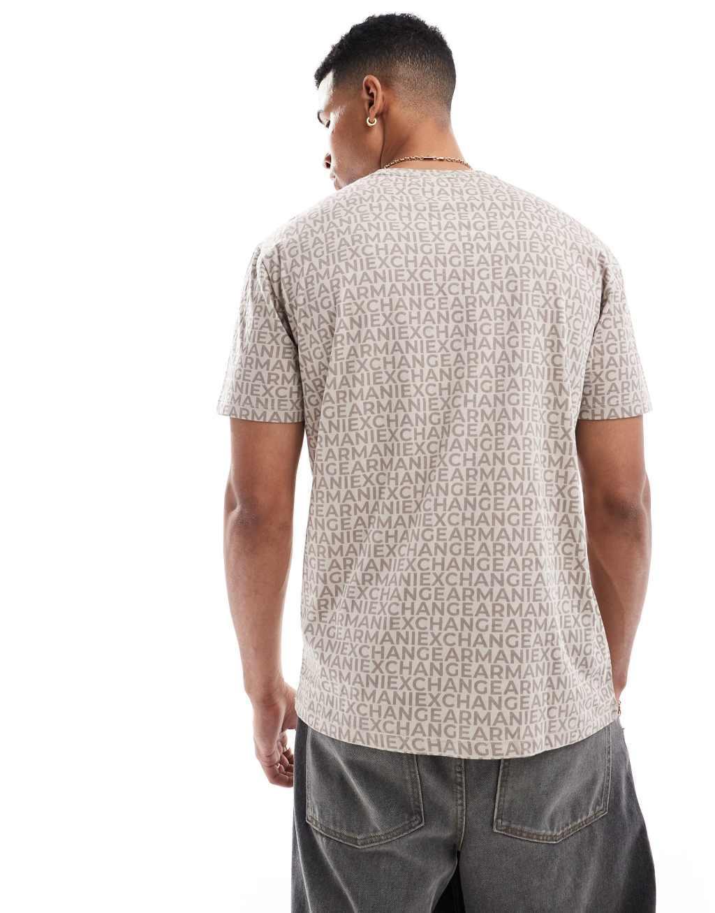 Armani Exchange boxy fit t-shirt in beige with all over lettering print Product Image