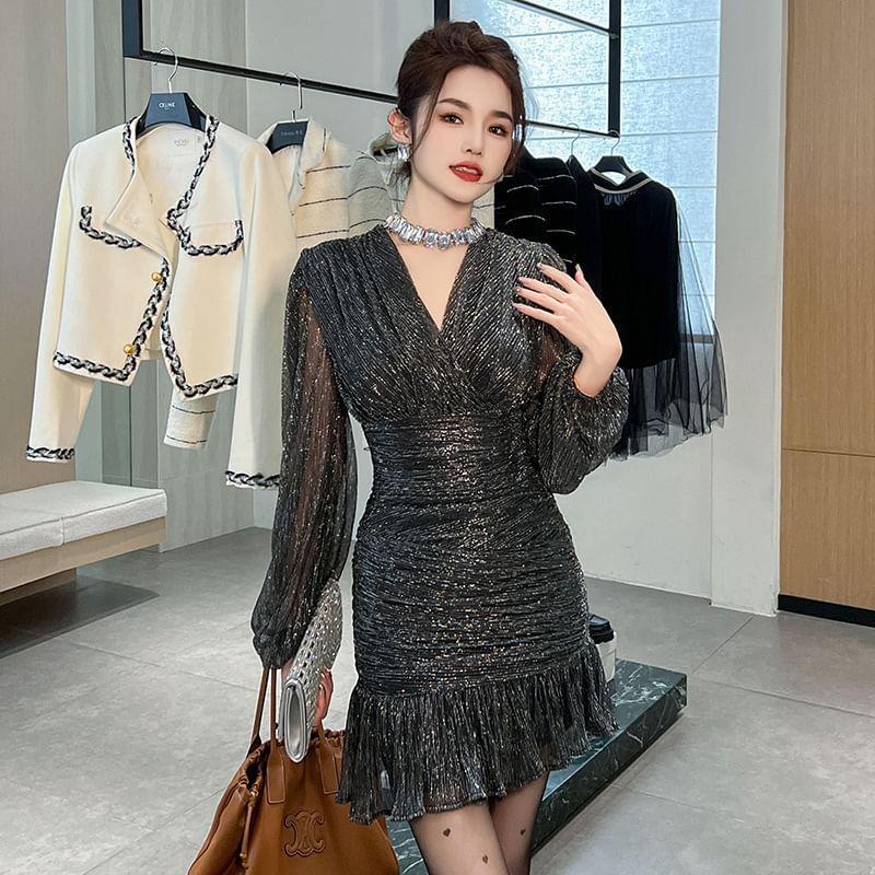 Long-Sleeve V-Neck Sequin Mesh Mini Sheath Dress product image