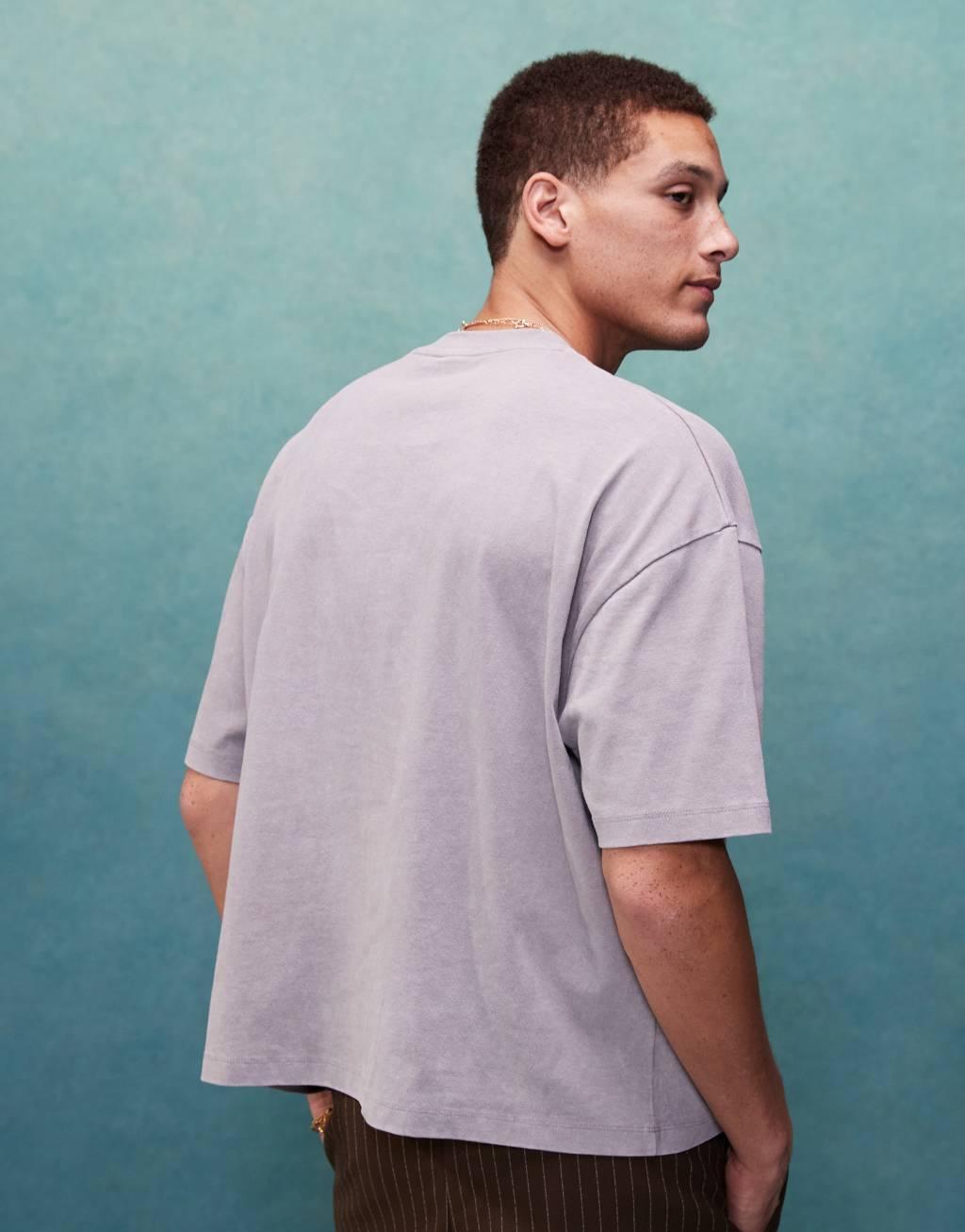 ASOS DESIGN boxy oversized t-shirt in heavyweight 220gsm washed gray with front print Product Image