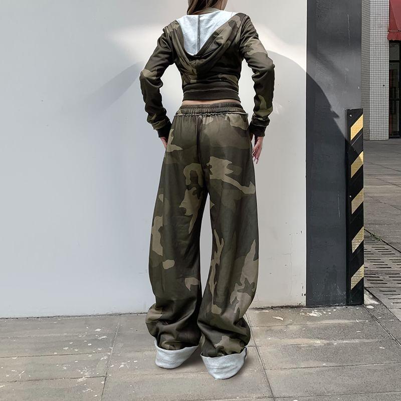 Drawstring Waist Camo Print Wide Leg Pants / Zip Hoodie Product Image