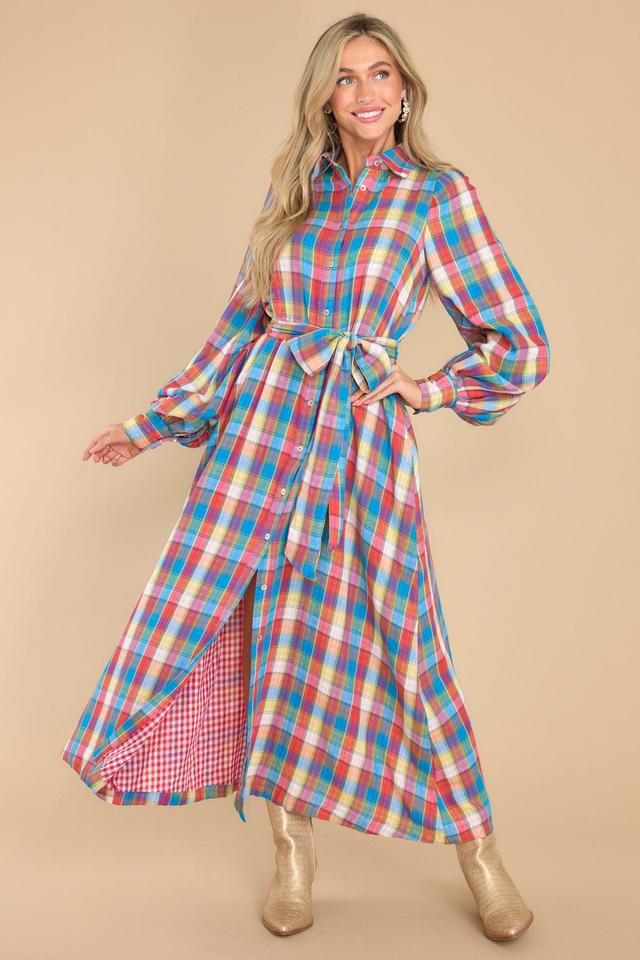 Aura Closing That Door Blue Multi Plaid Maxi Dress Product Image